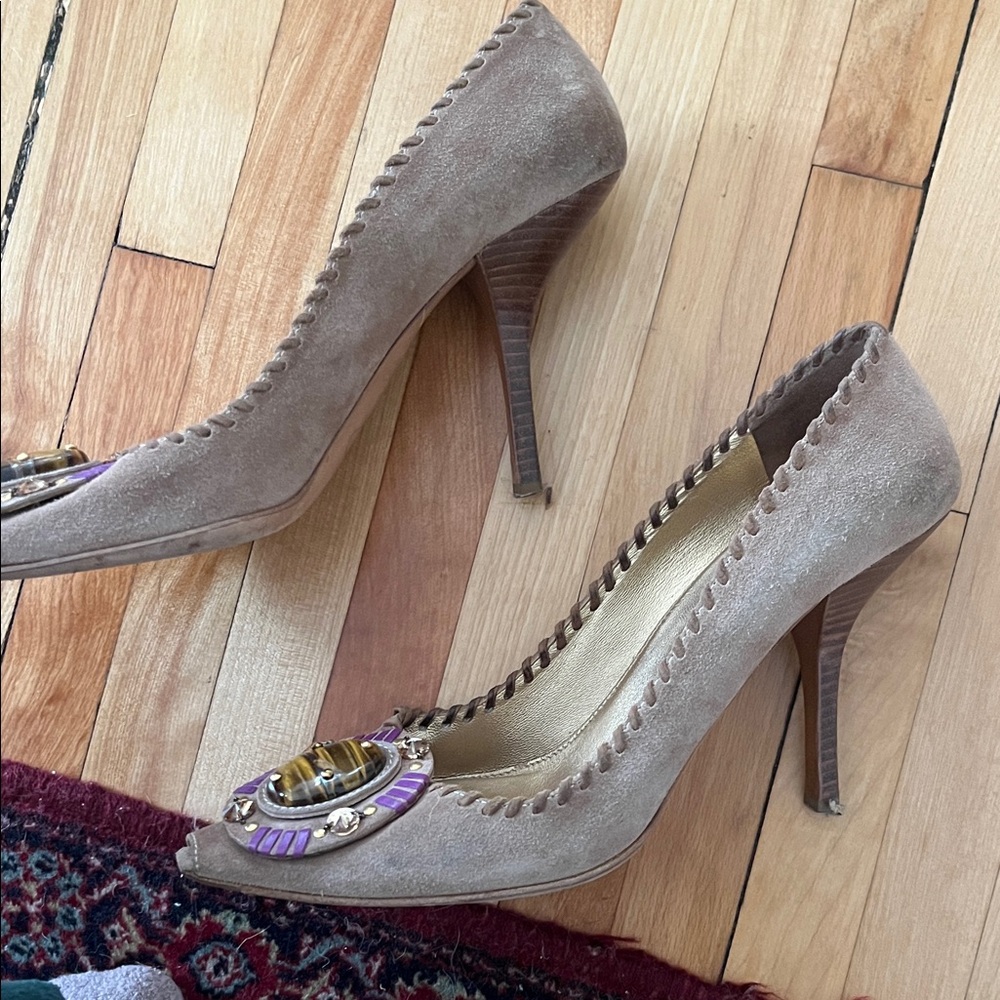 Prada Women's Tan and Purple Embellished Heels - Picture 2 of 5